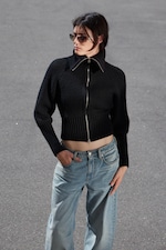 Black - Slim Fit Ribbed Zip Cardigan - 1