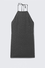 Dark Grey - Rhinestone Halterneck Mini Dress - 4