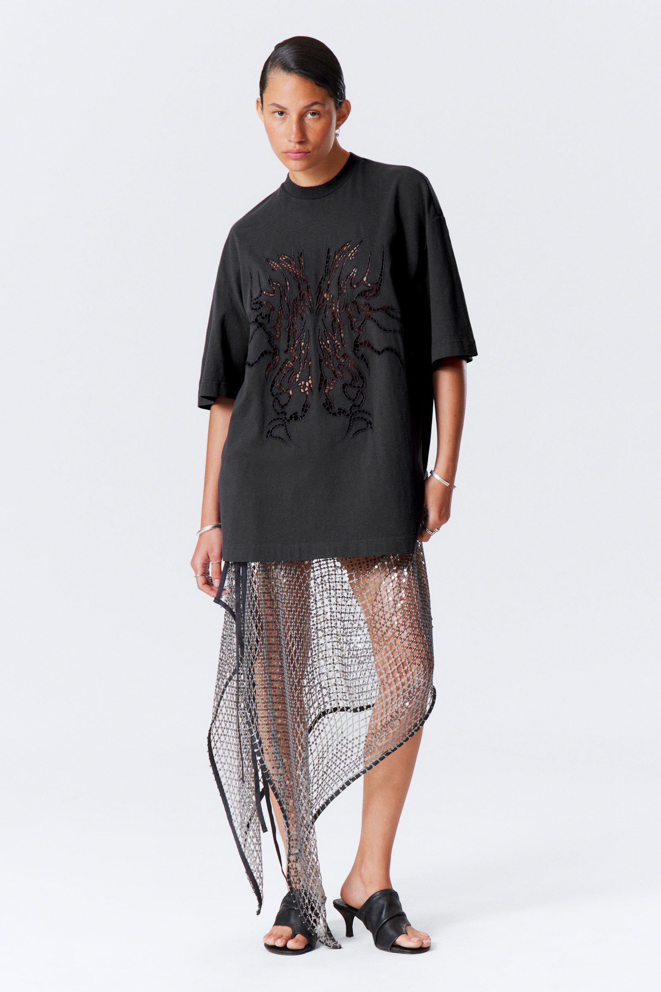 Dark Grey - Broderie Anglaise Oversized T-shirt - 2
