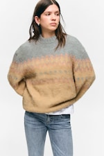 Beige/Grey Fairisle - Relaxed Fit Fluffy Knit Sweater - 0