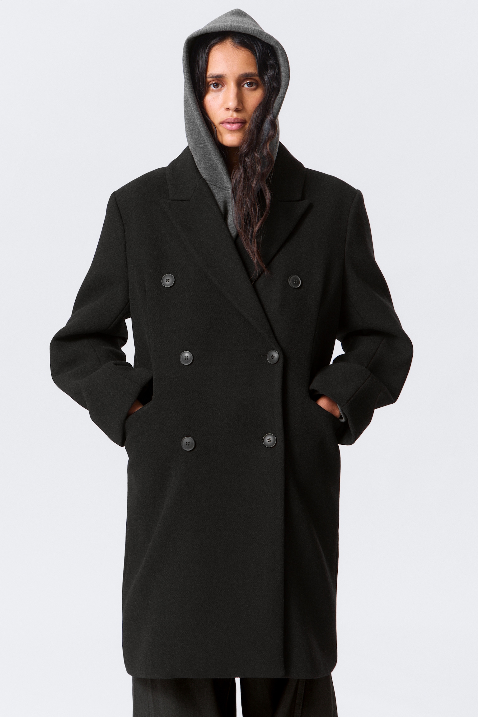Manteau oversize en laine mélangée - Noir/Vert kaki foncé - 7