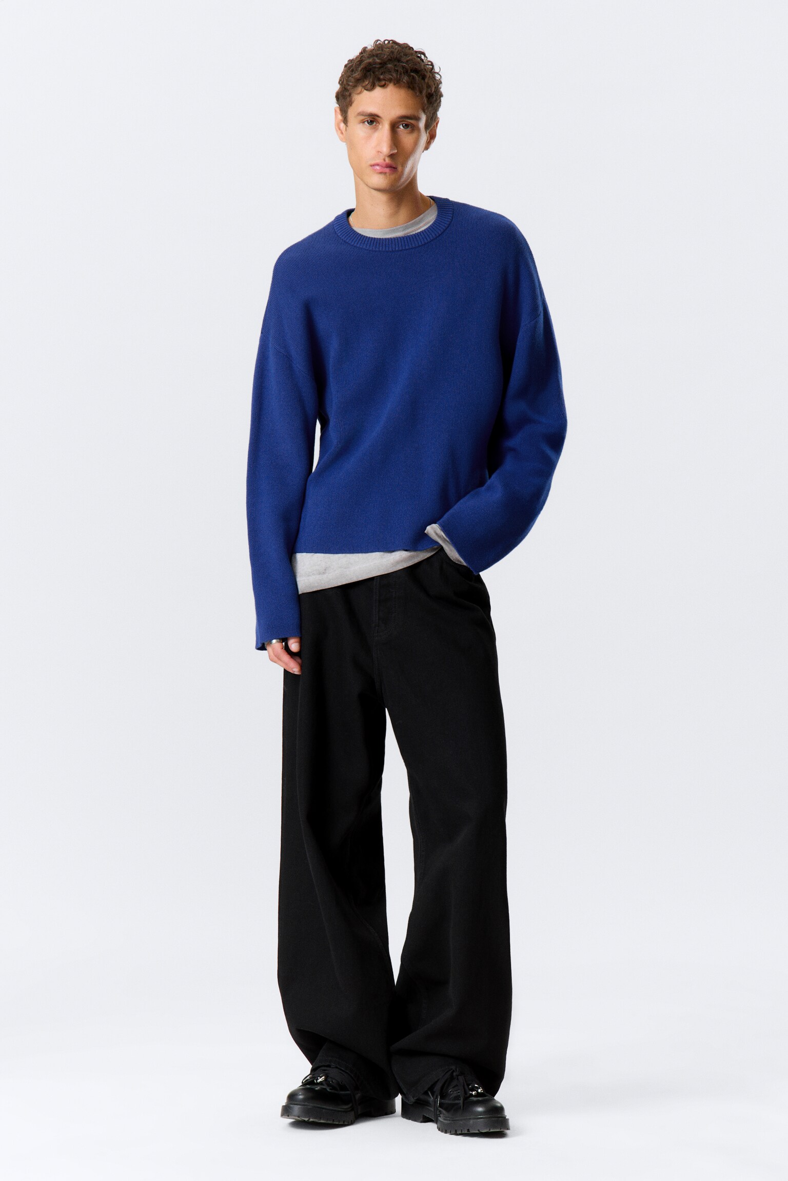 Boxy Knitted Cotton Sweater - Bright Blue/Dark Brown/Dark Navy Blue - 5