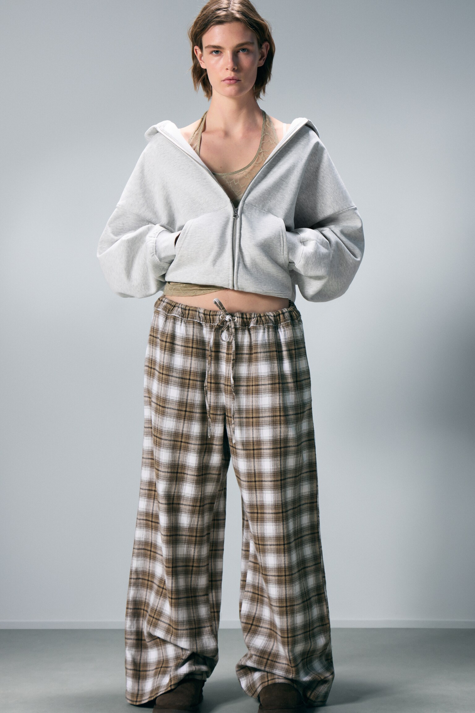 Wide Flannel Pyjama Trousers - Checked Beige/Checked Dark Brown - 1