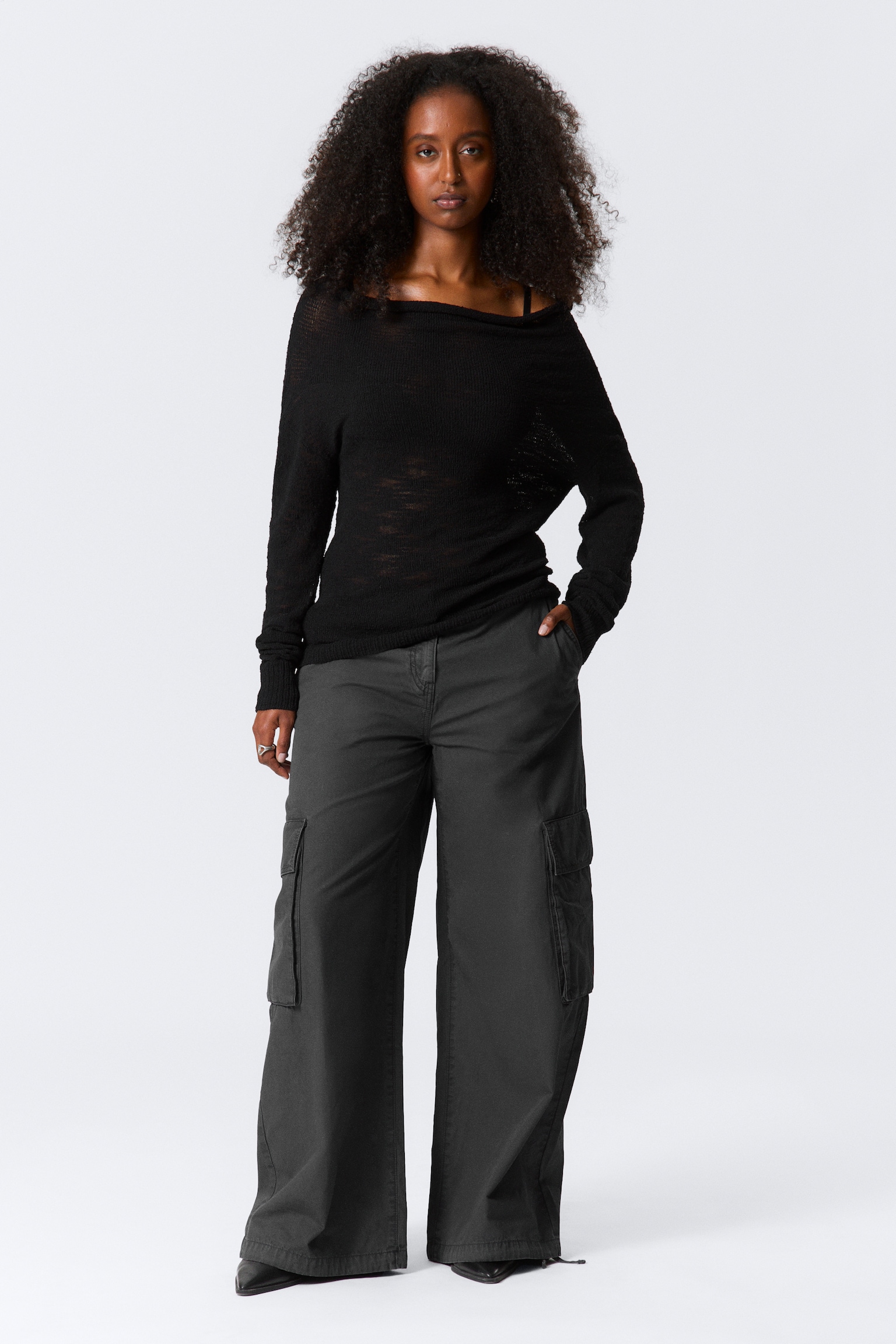 Off-Shoulder Knitted Sweater - Black/Dark Brown - 4