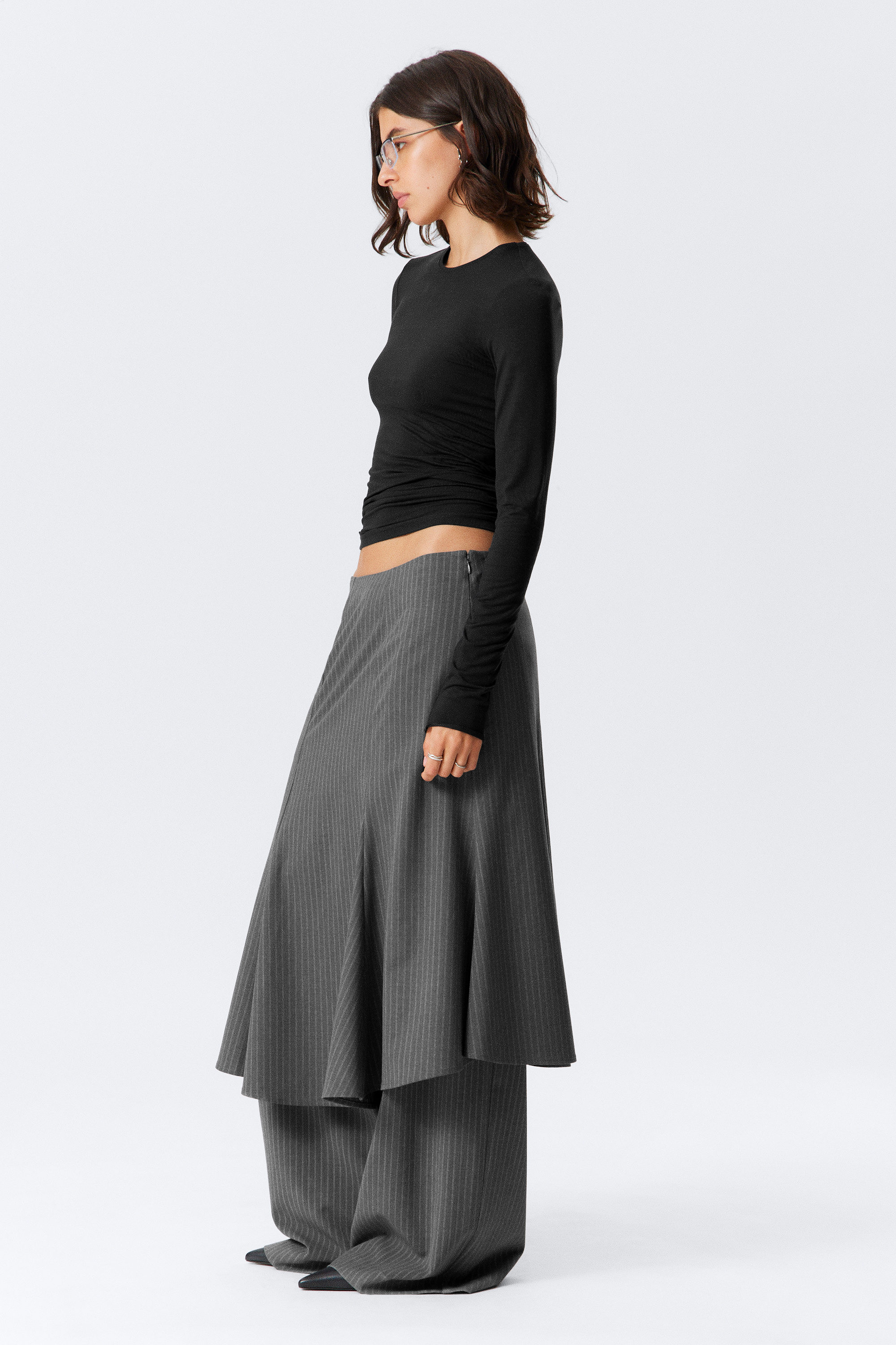 Dusty Grey Pinstripes - Midi Slim Volume Skirt - 2