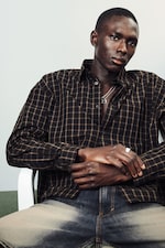 Checked Black/Brown - Boxy Long-Sleeved Cotton Poplin Shirt - 0