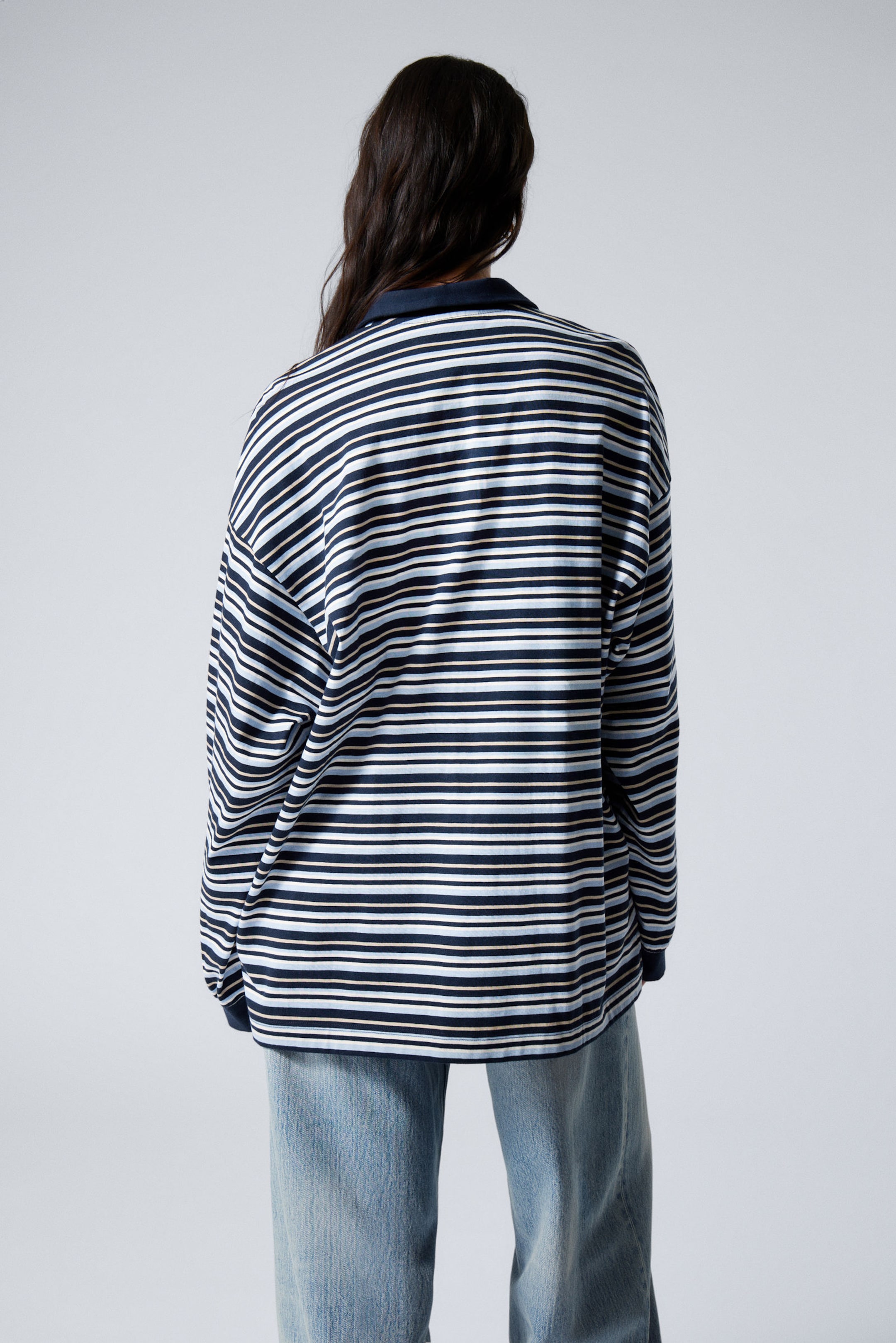 Striped Dark Blue - Striped Oversized Polo Shirt - 3