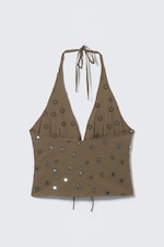 Dunkles Graubraun - Pailletten - Neckholder-Top mit Bindeband vorn - 1