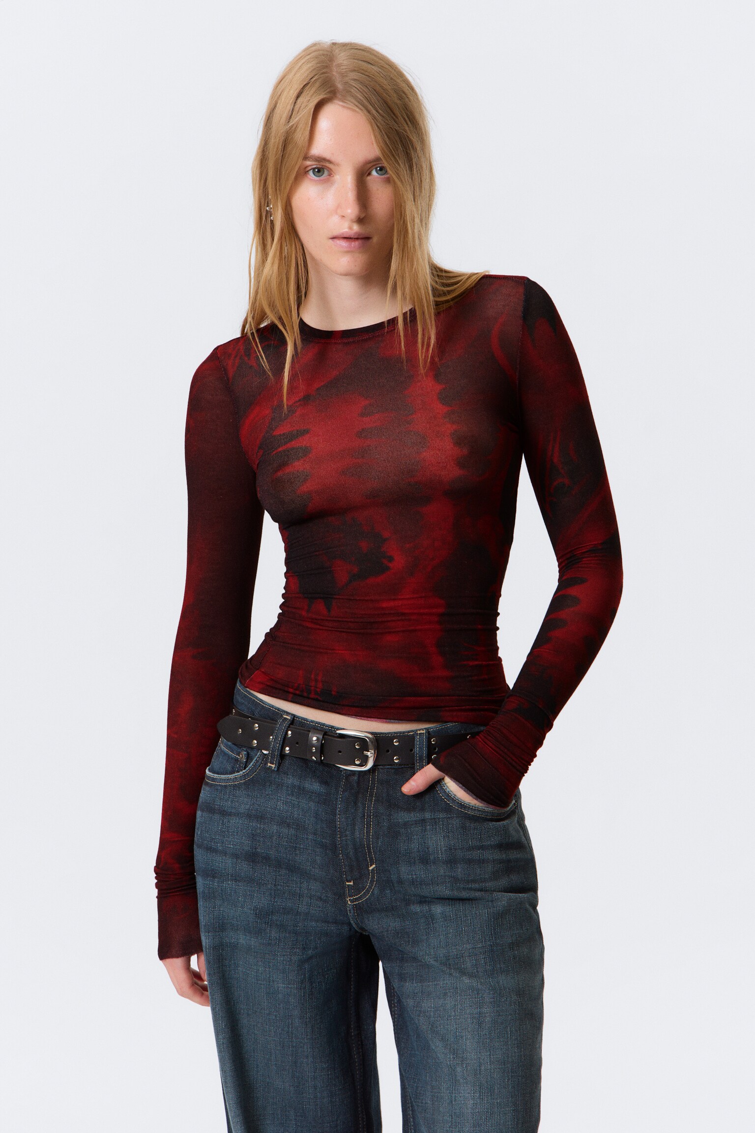 Bedrucktes Slim-Fit-Longsleeve - Dunkelrot Drachen-Print
