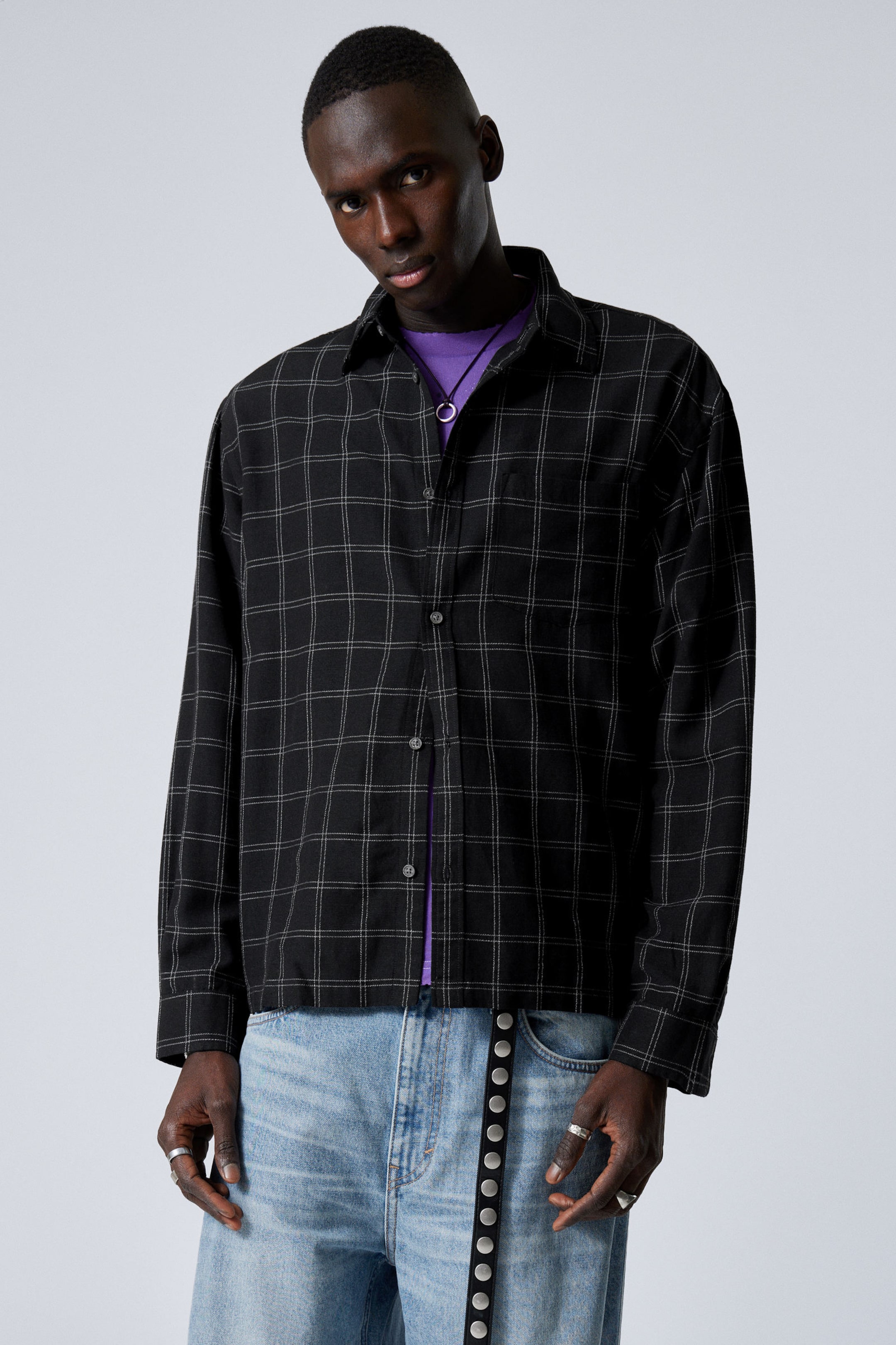 #272628 - Oversized Boxy Checked Linen Blend Shirt - 1