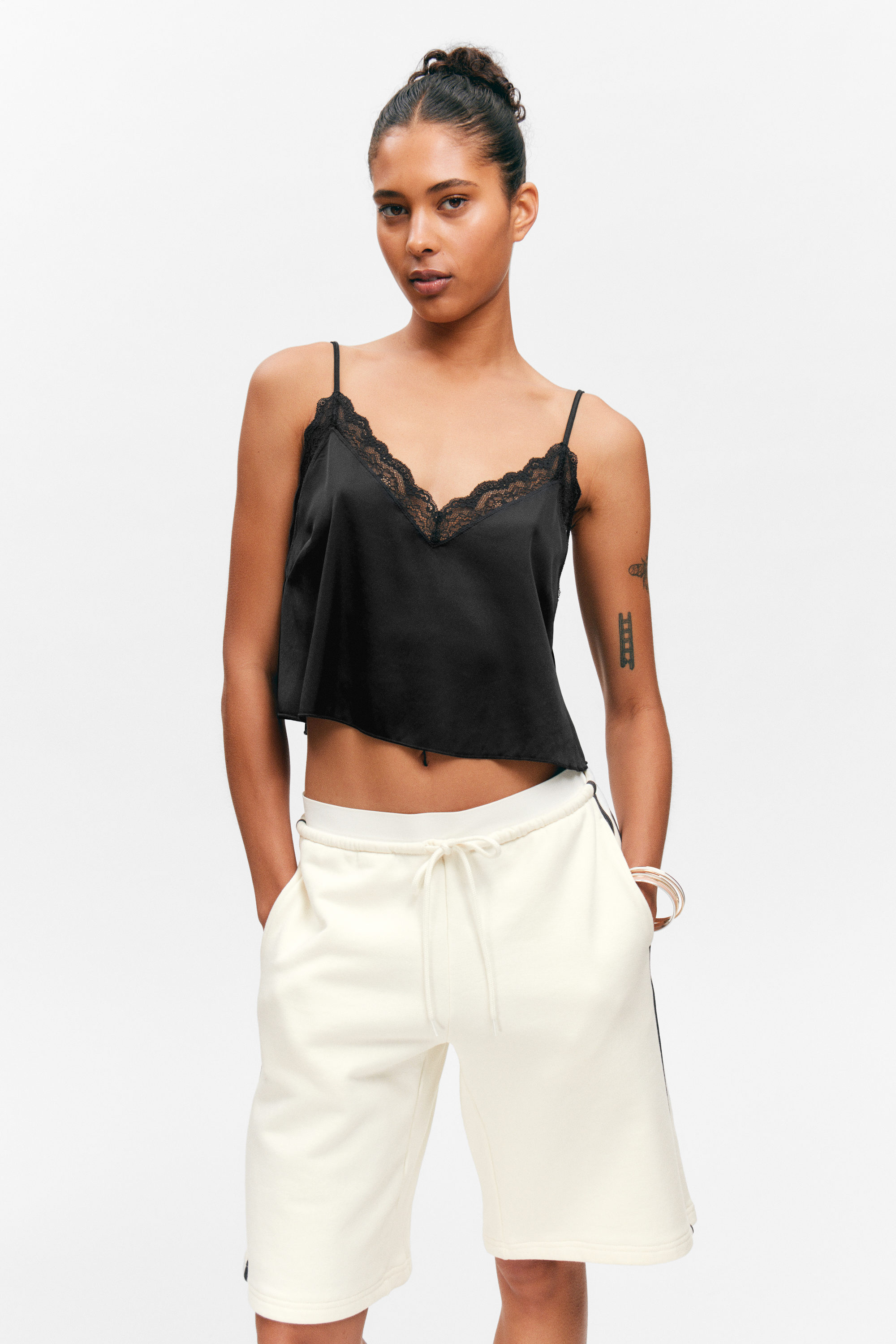 Black - Lace Satin Strap Top - 3