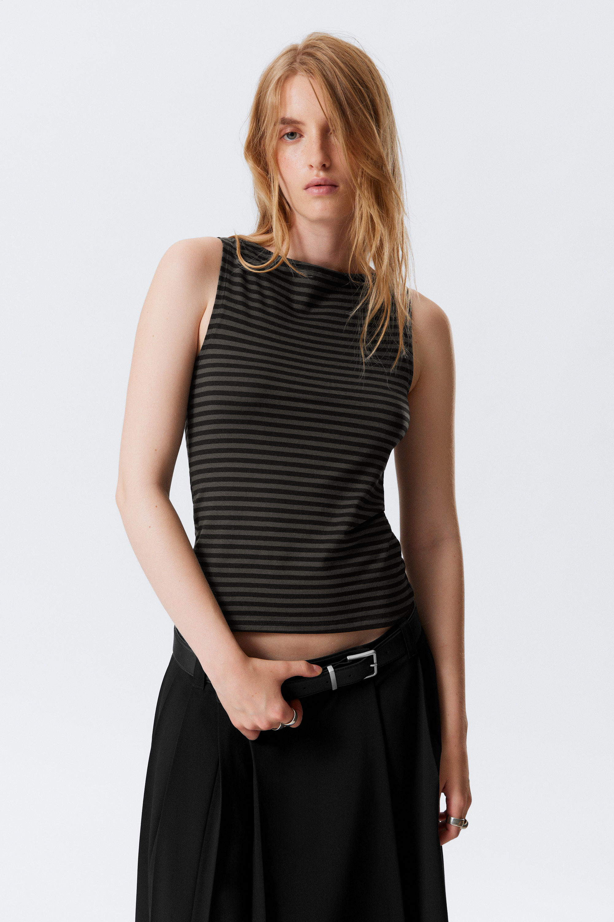Black & Grey Stripes - Annie Striped Sleeveless Boat-Neck Top - 1