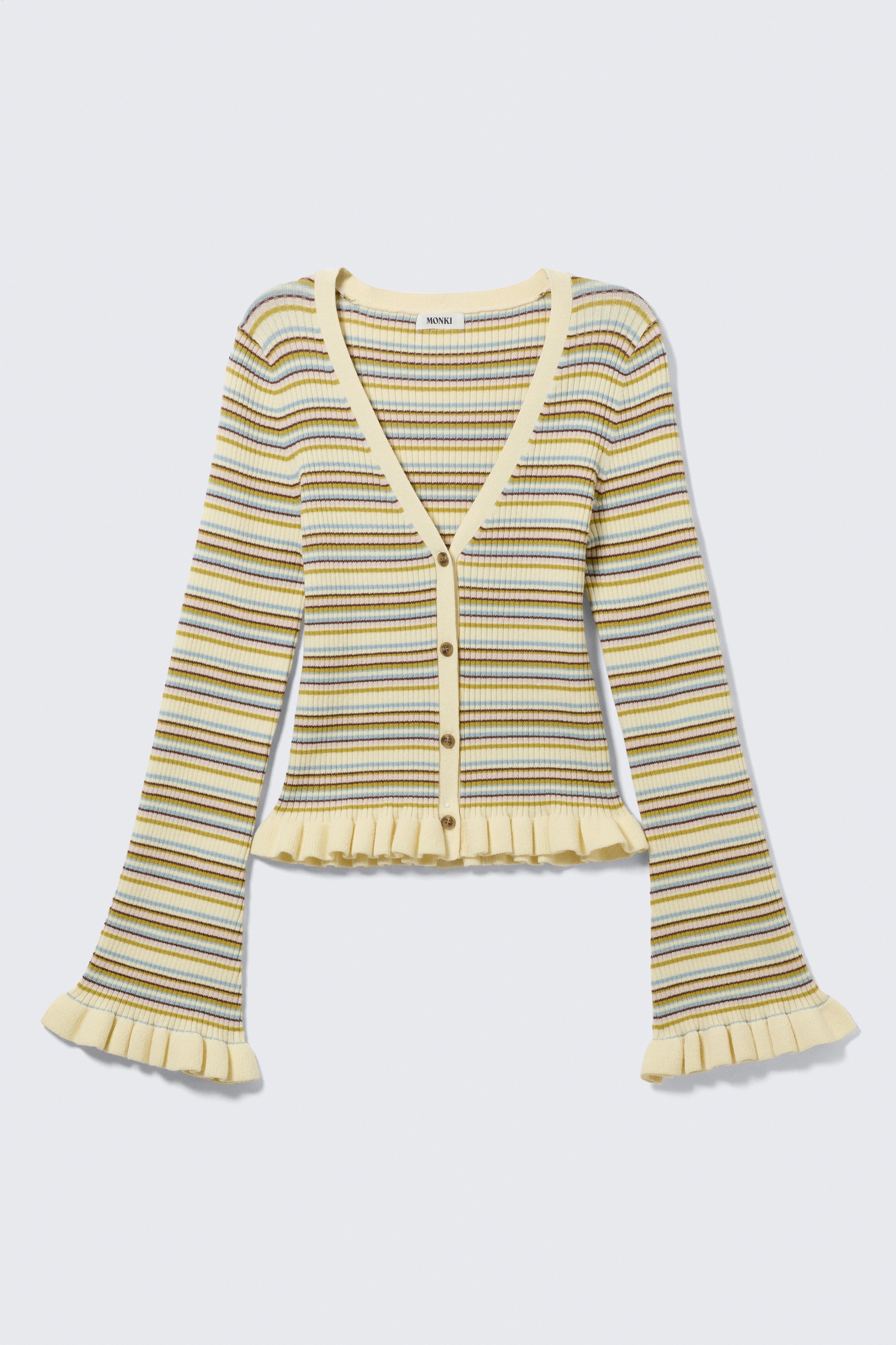 Плетен кардиган с V-образно деколте - Раиран светложълт/Тъмно кафяво