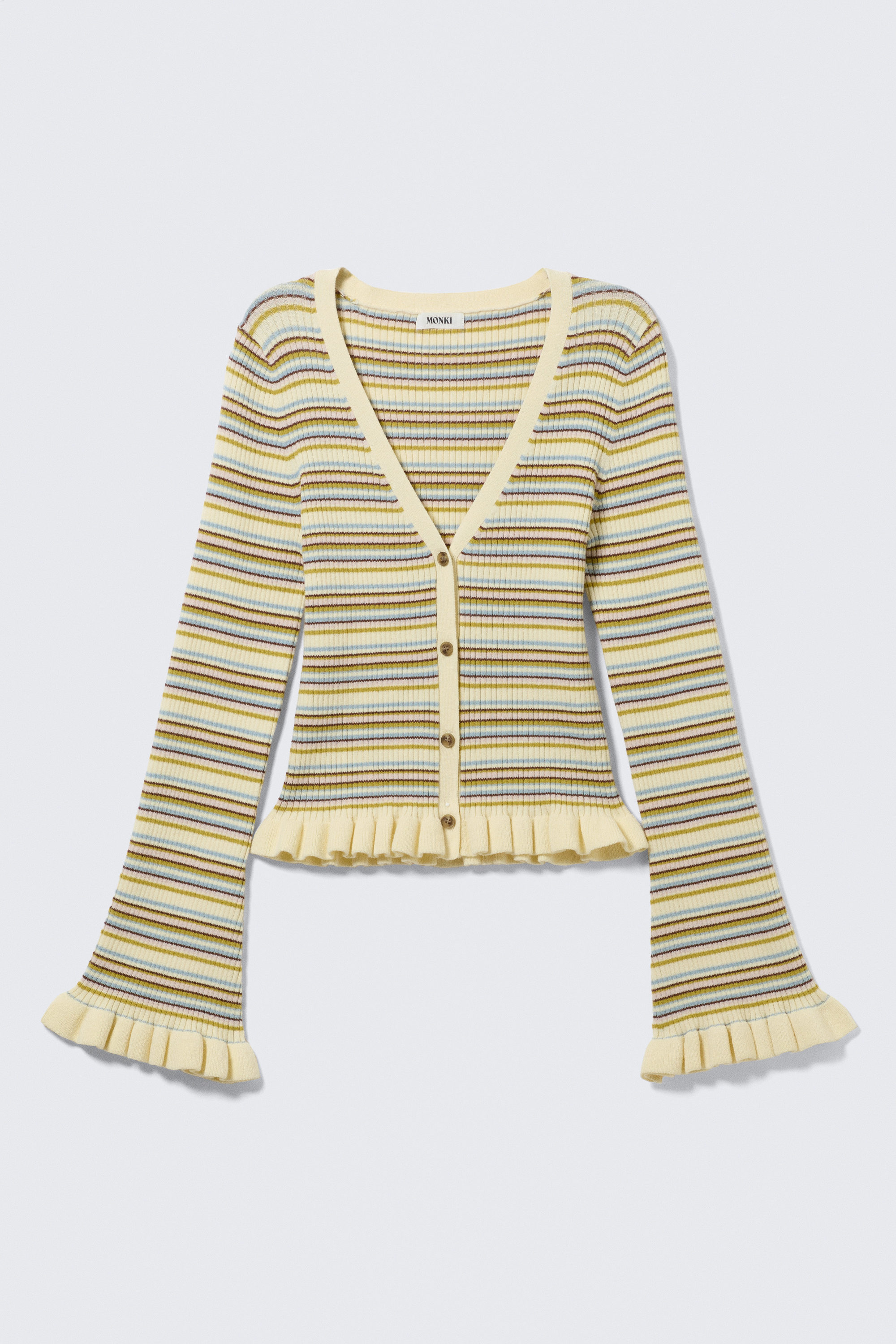 Hellgelb gestreift - Gestrickter Cardigan mit V-Ausschnitt - 3