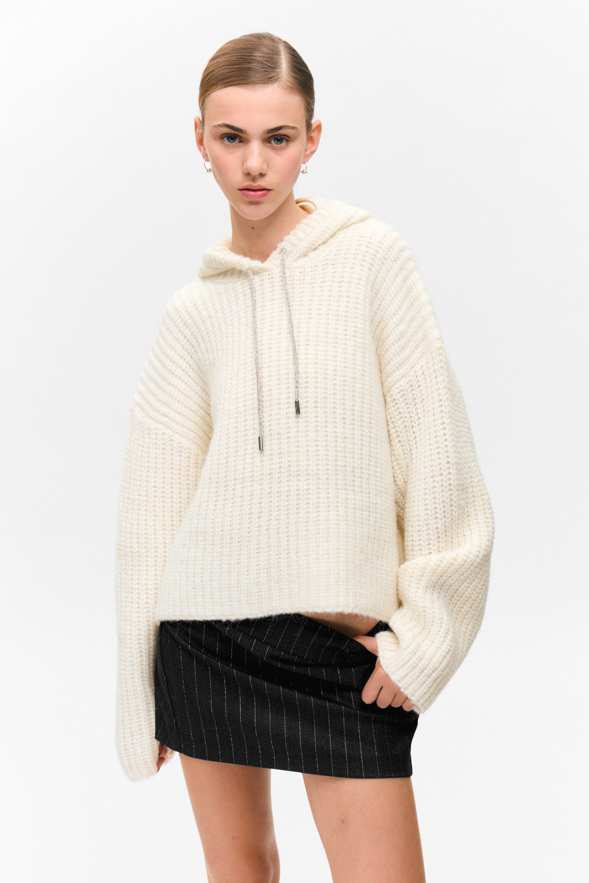White - Knitted Drawstring Hoodie - 1
