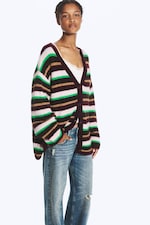 Plomme/Grønn/Beige Stripe - Myk strikket cardigan med V-hals - 0
