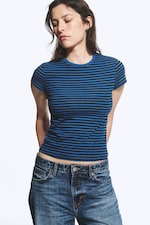 Blue - Black Stripe - Slim Short-Sleeved Cotton T-shirt - 0