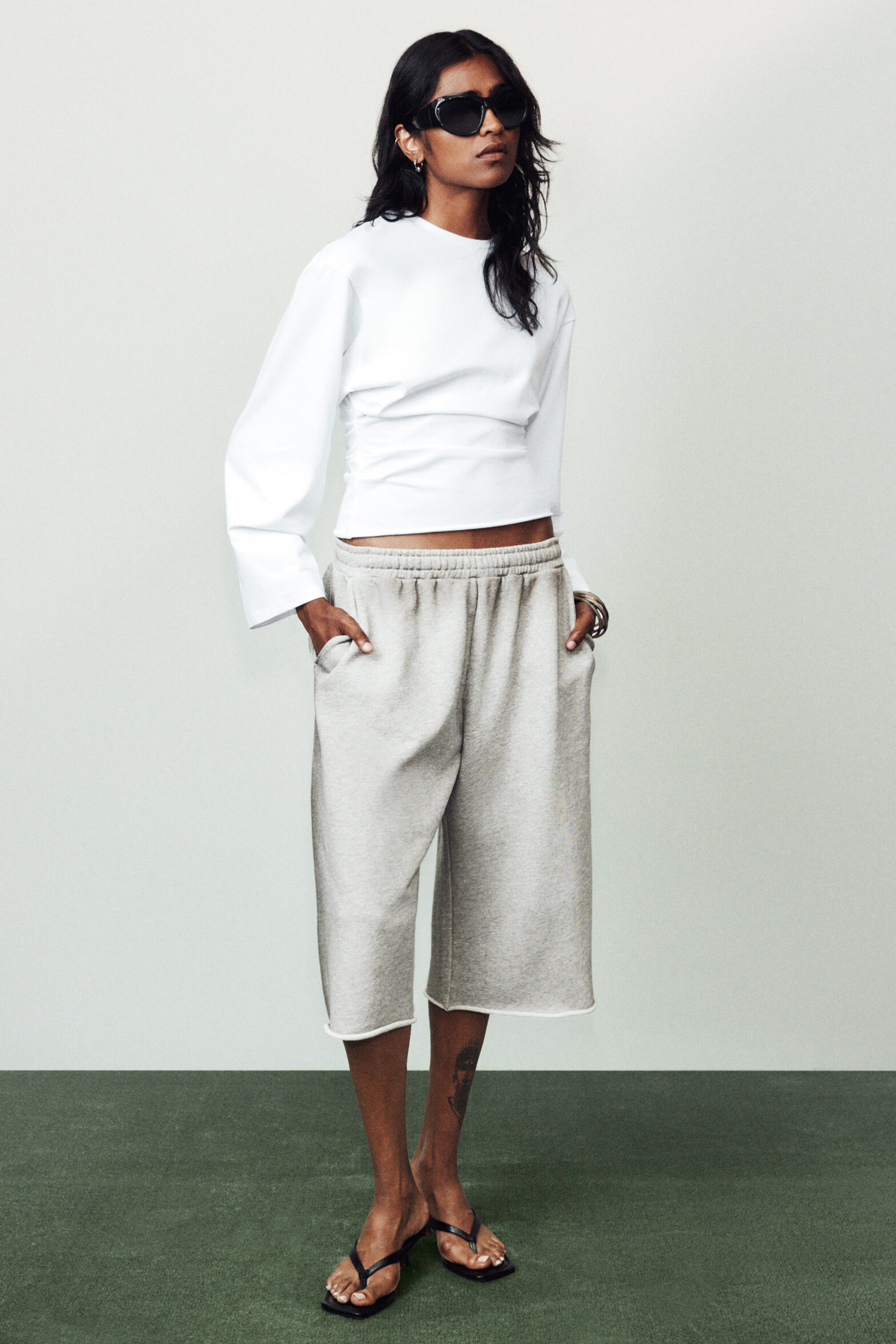 White - Ruched Long-Sleeved T-shirt - 1
