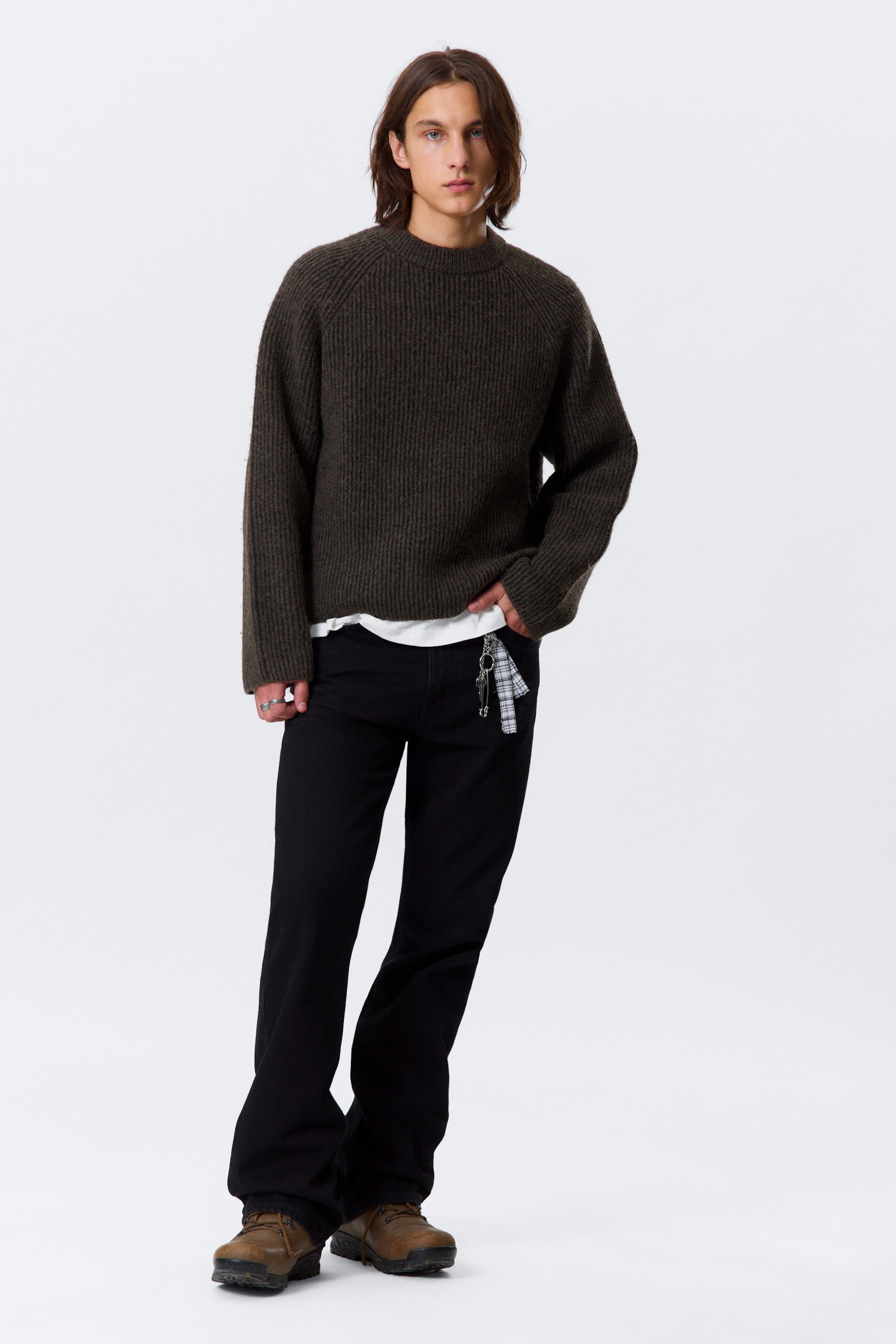 Two-tone Dark Brown - Knitted Two-Tone Wool Blend Sweater - 2