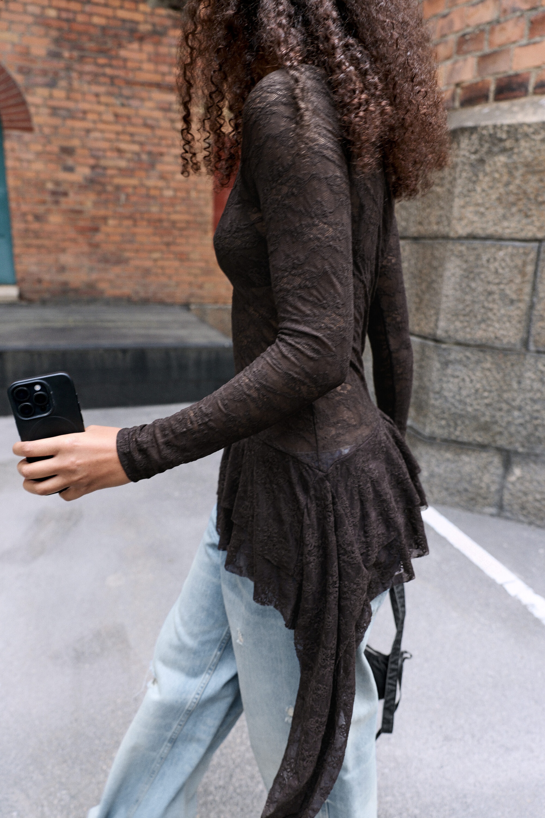 Dark Brown - Asymmetric lace long-sleeve - 2