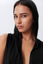 Black - Draped Hooded Sleeveless Lyocell Top - 2