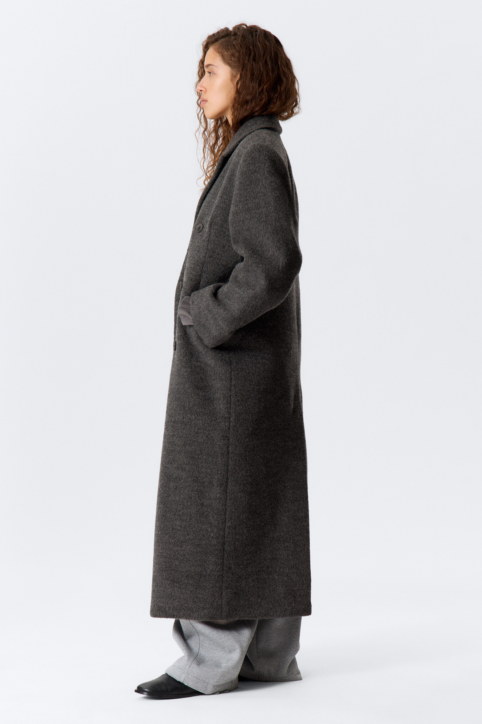 Dark Grey Melange - Logan Hairy Double-Breasted Wool-Blend Coat - 4