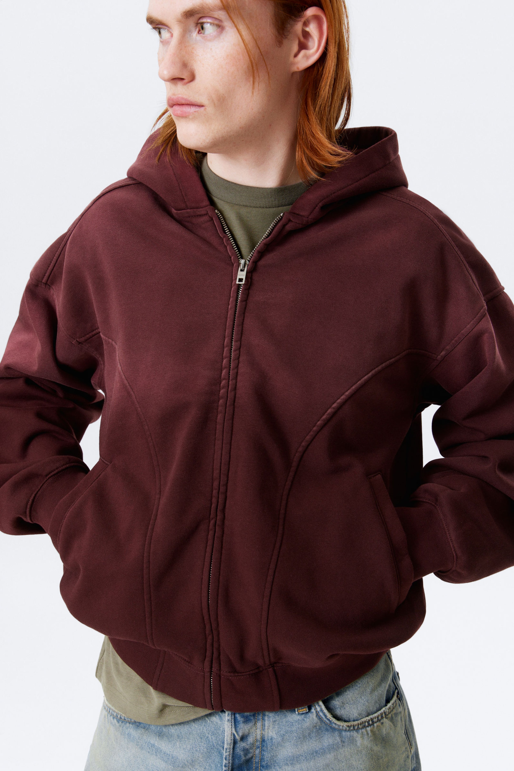 Dark Red - Round Oversized Zip Hoodie - 2