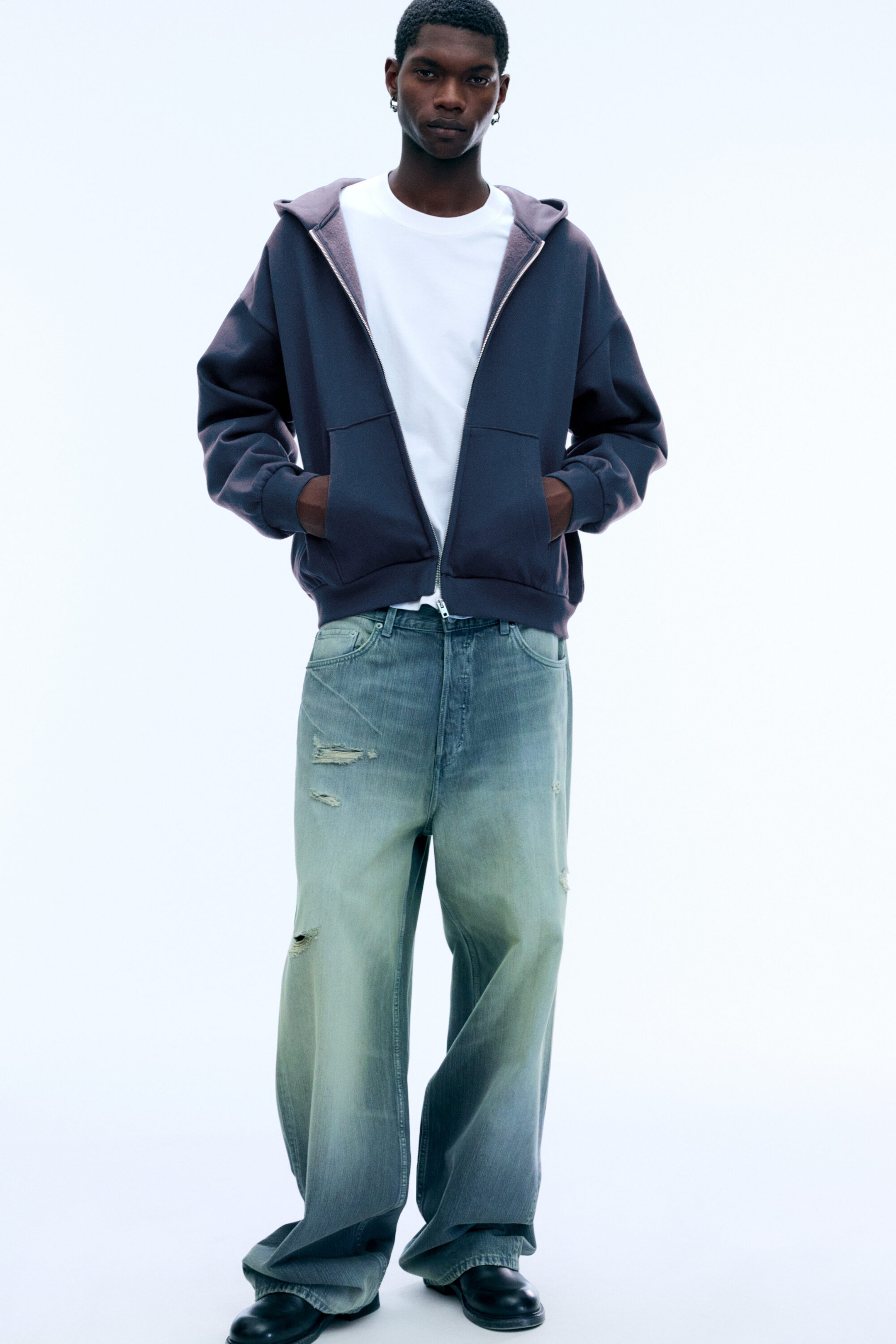 Dark Blue - Loose Fit Zip Hoodie - 1