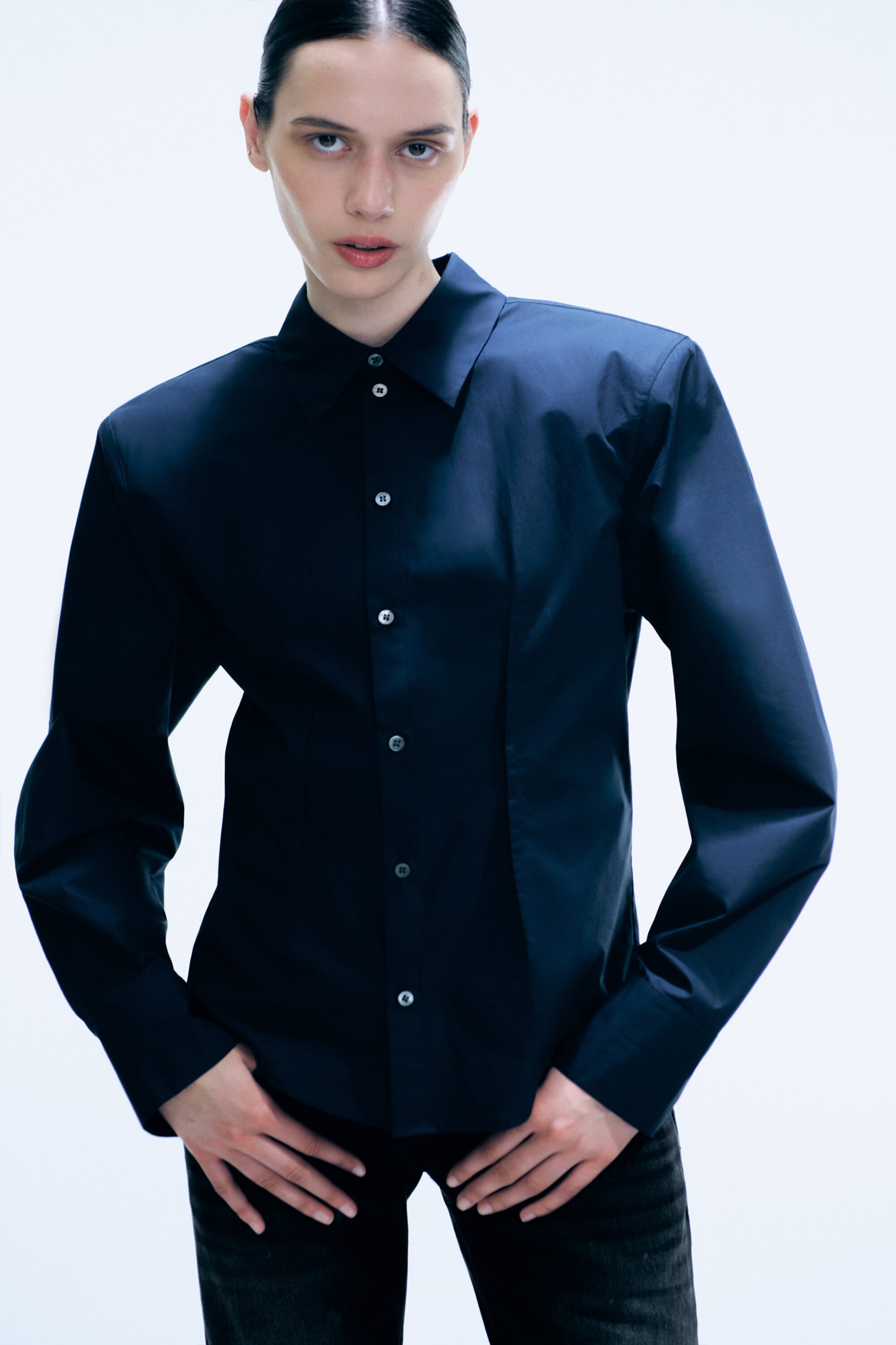 Dark Navy Blue - Waisted Cotton Shirt - 1