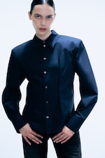 Dark Navy Blue - Waisted Cotton Shirt - 0