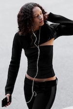 Black Melange - Rib-Knit Boat-Neck Bolero Cardigan - 0