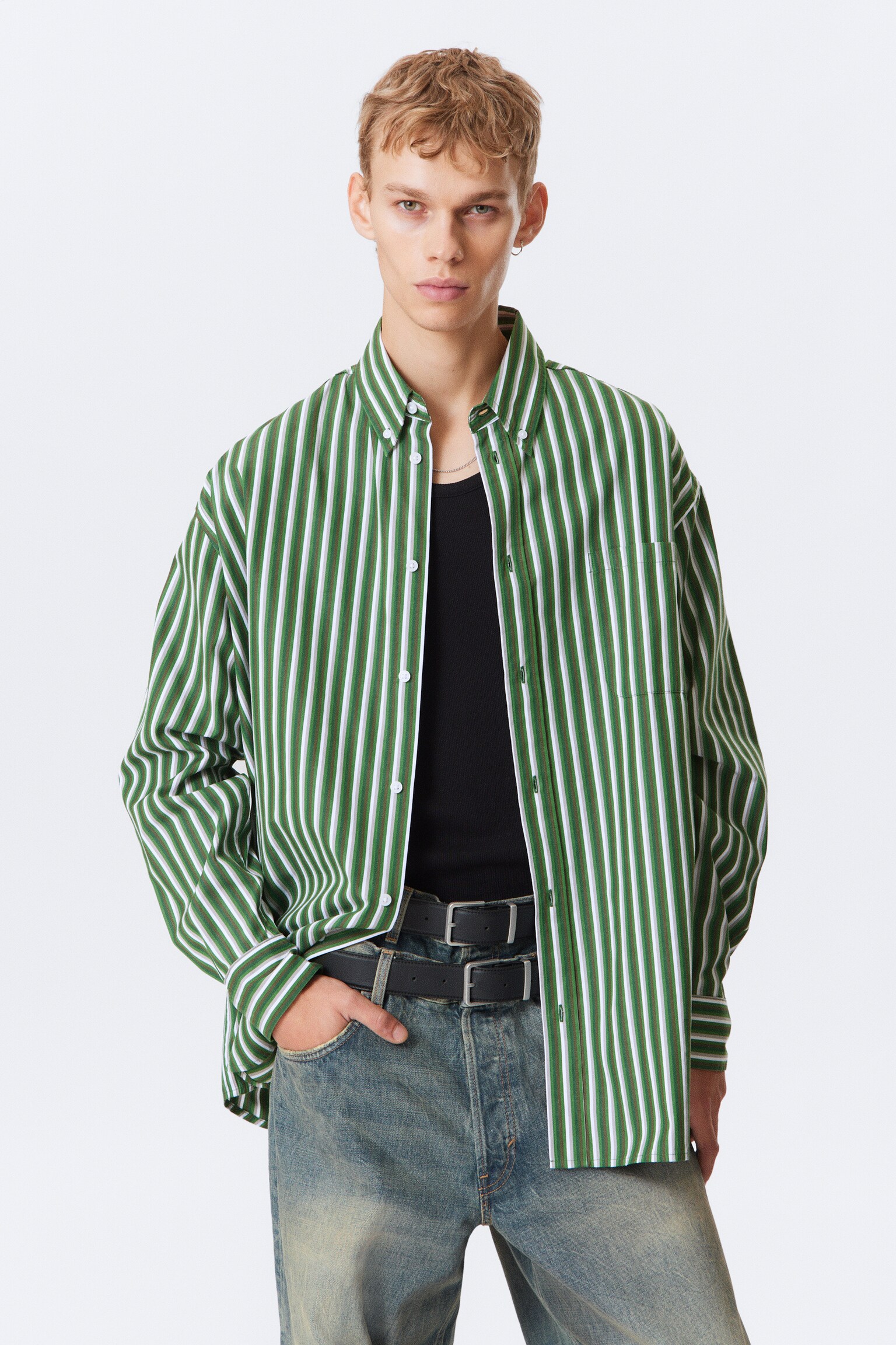 Oversized Striped Button-Down Shirt - Green Stripe/White - Blue Stripes
