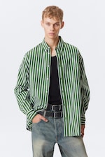 Green Stripe - Oversized Striped Button-Down Shirt - 0