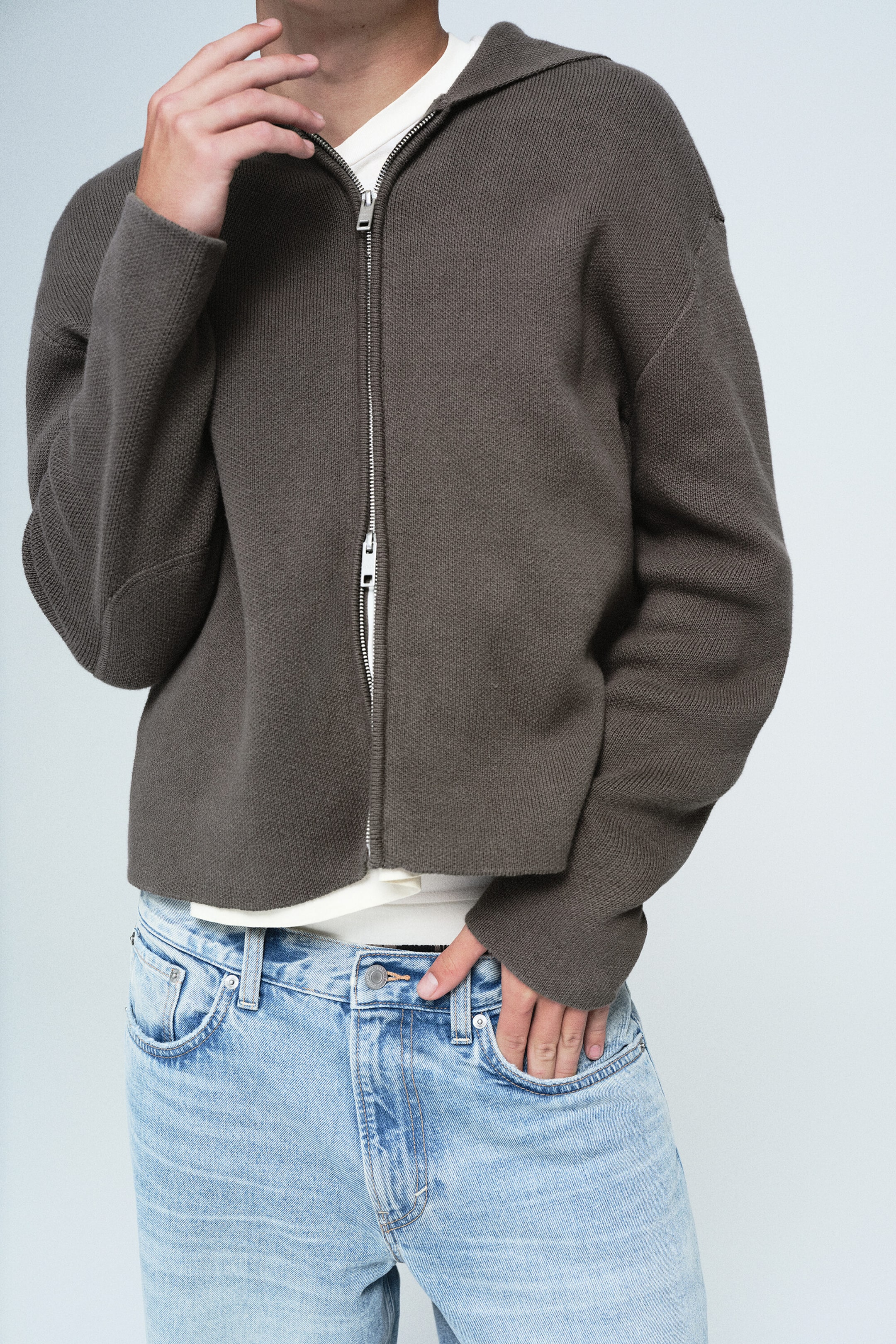Khaki Green - Knitted Zip-through hoodie - 1