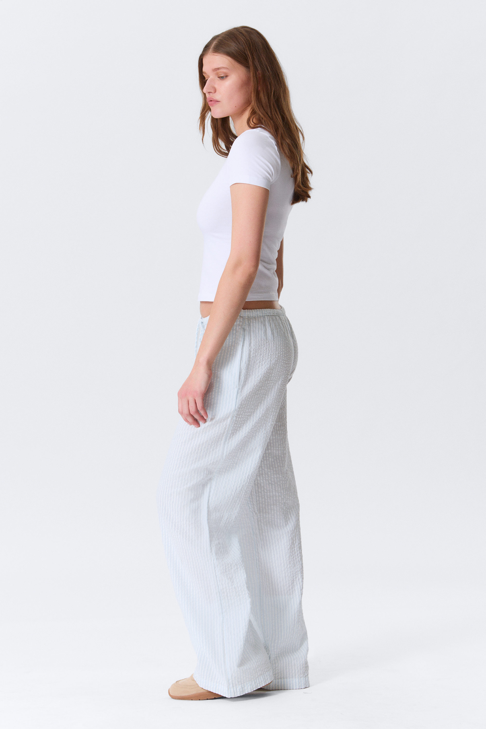low-rise relaxed pull-on trousers - White - Blue Stripes | Monki GB