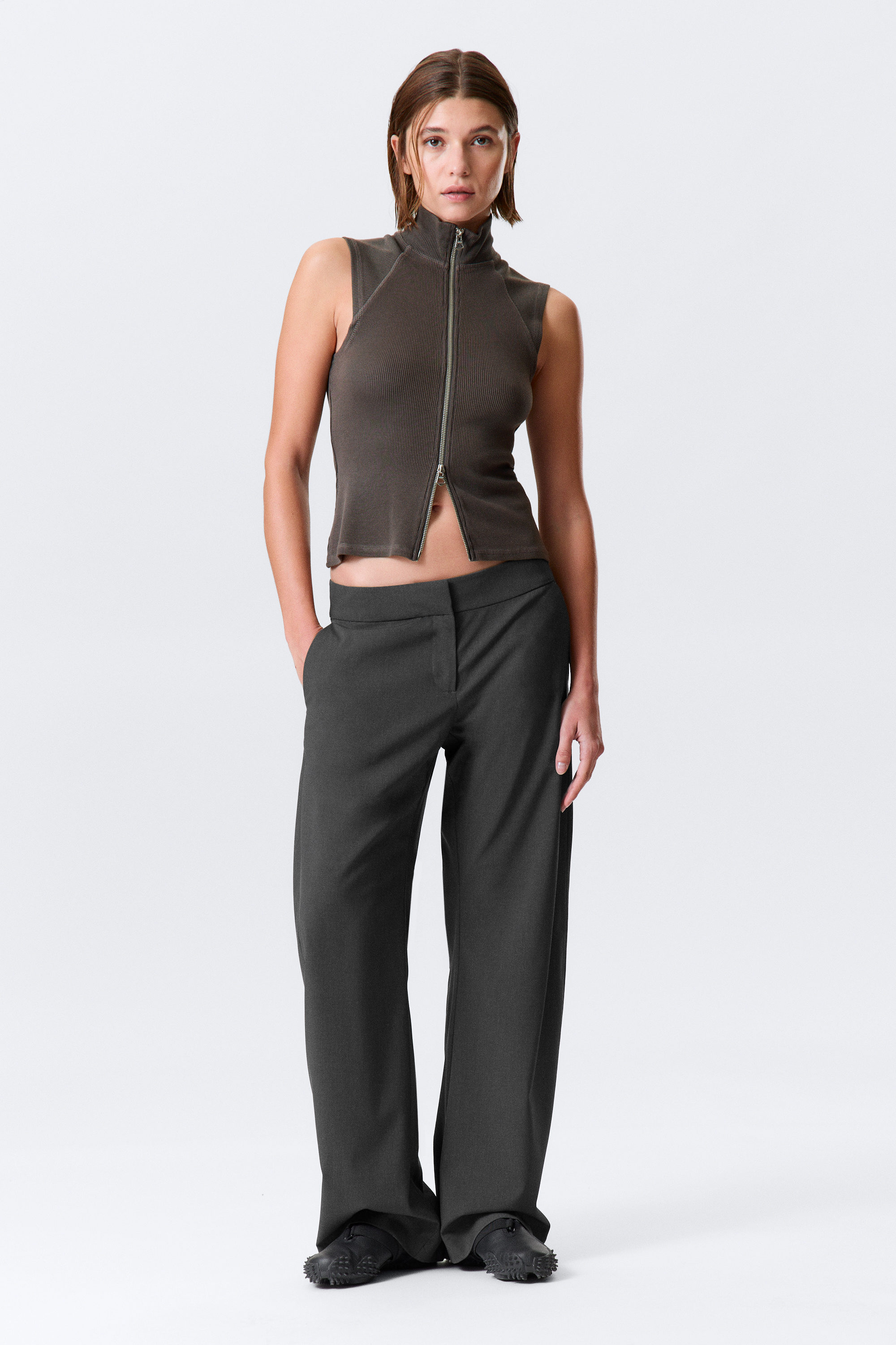Dark Grey Melange - Low-Rise Loose Cocoon Suiting Trousers - 6