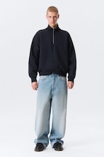 Dark Navy Blue - Loose Half Zip Sweatshirt - 1