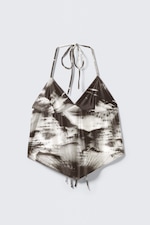 Marron - Floral abstrait - Crop top imprimé avec dos nu - 0