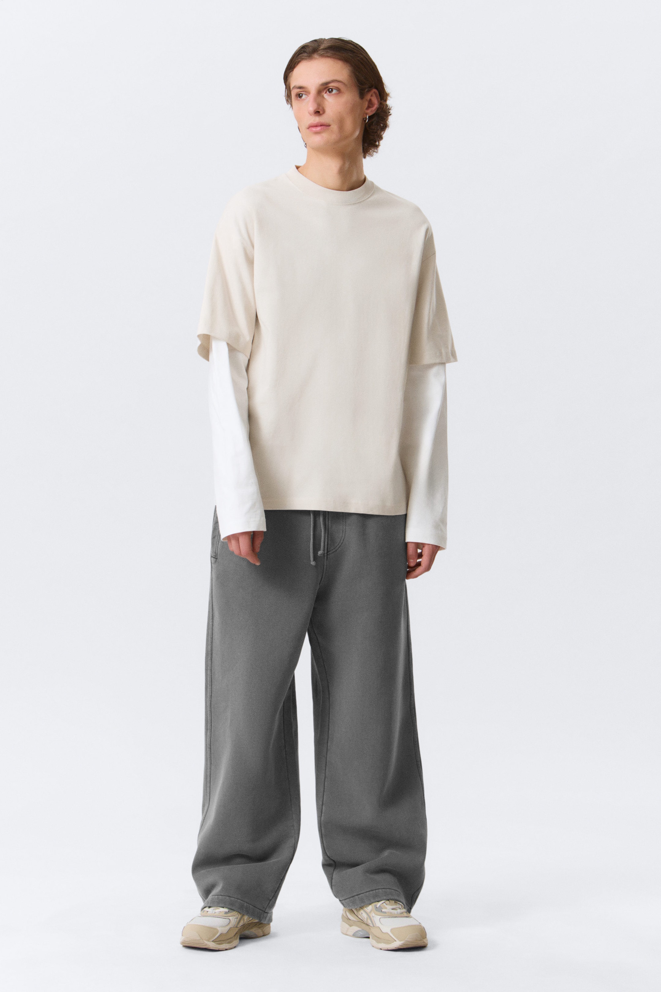 Light Beige & White - Double-Layered Cotton T-shirt - 2