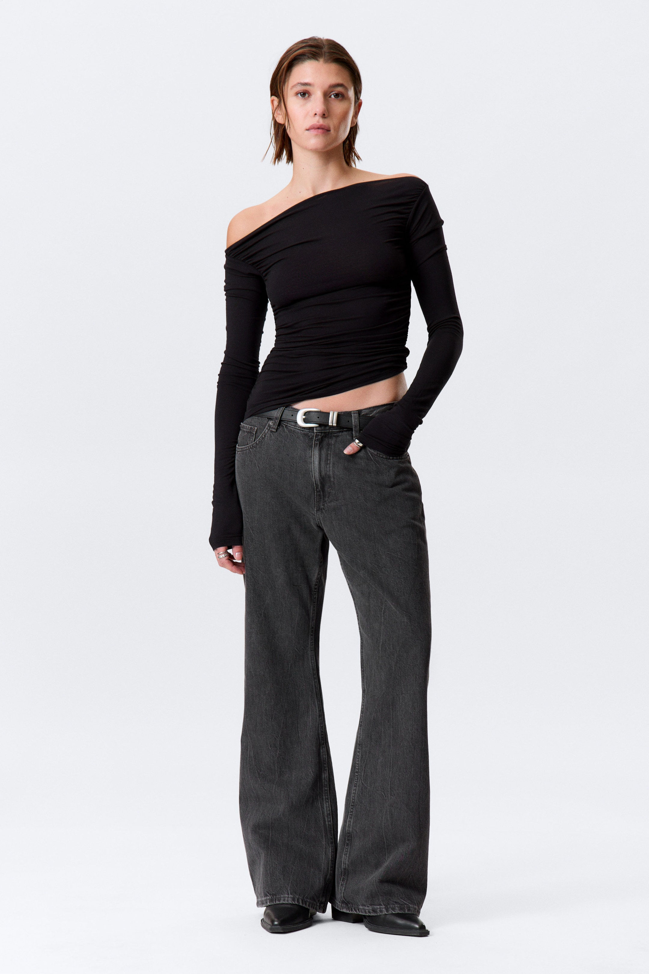 Black - Gathered Off-Shoulder Long-Sleeved Top - 1