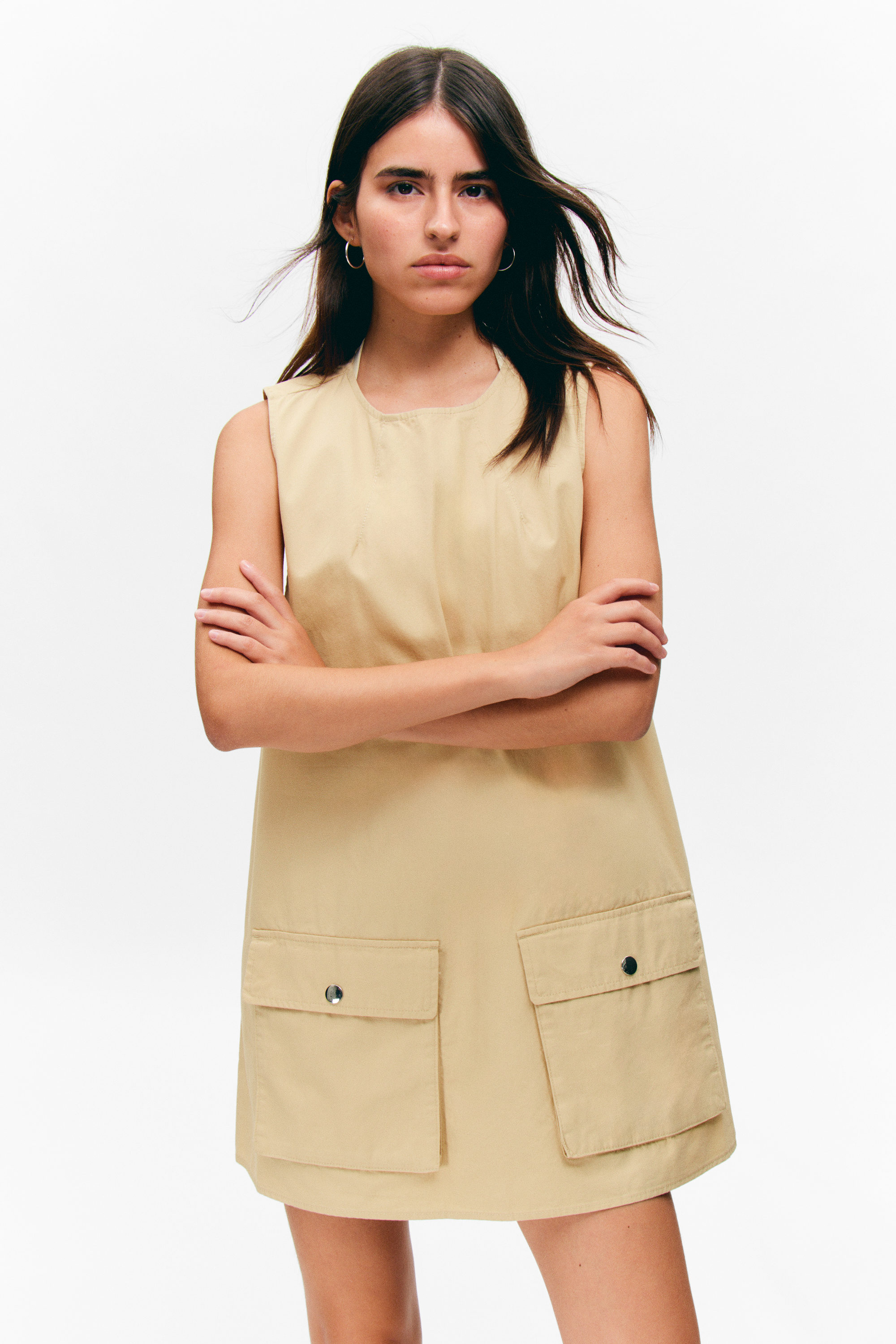 Light Yellow - Utility Cotton Canvas Mini Pinafore Dress - 2