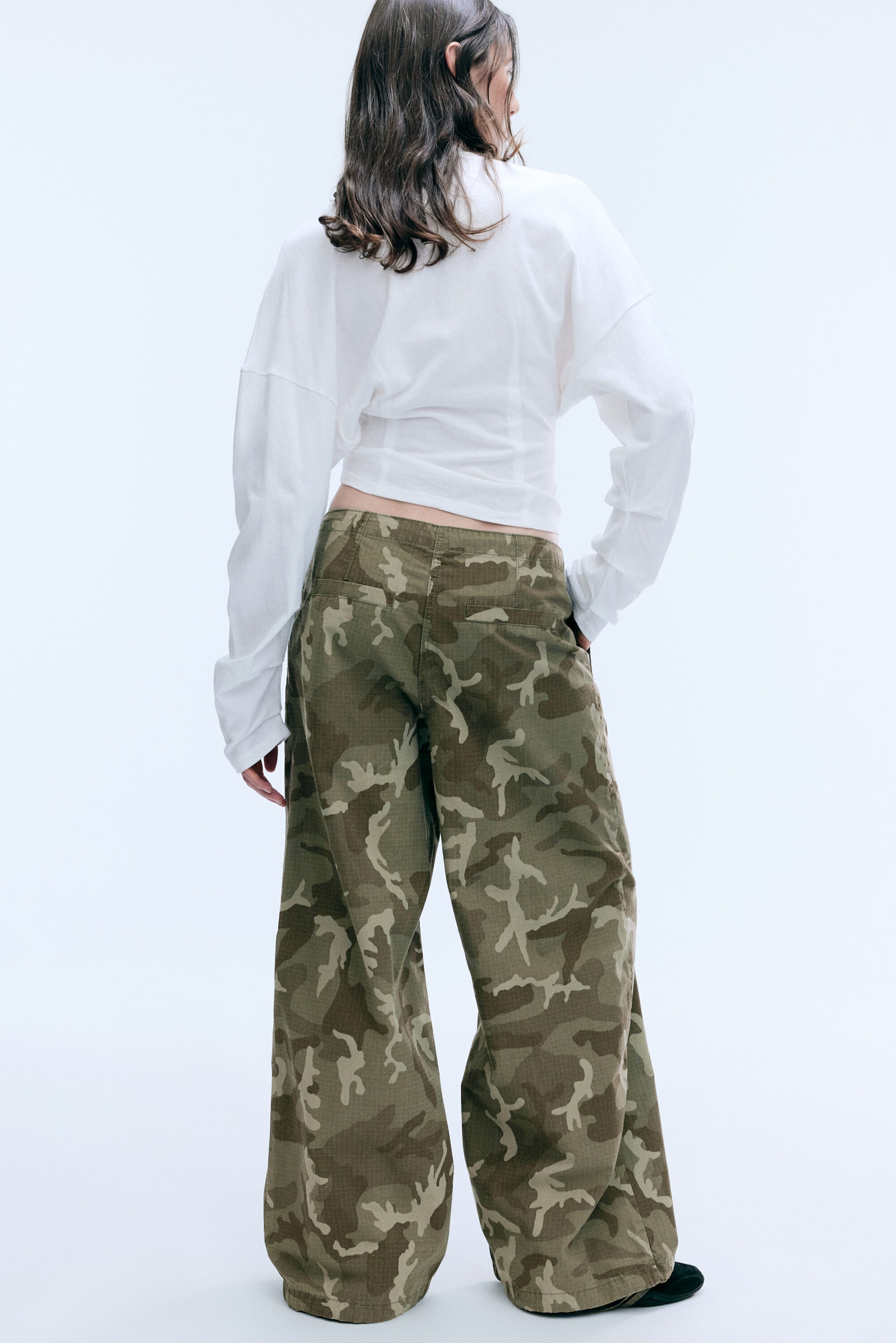 Khaki Green - Camo - Low Rise Baggy Ripstop Trousers - 8