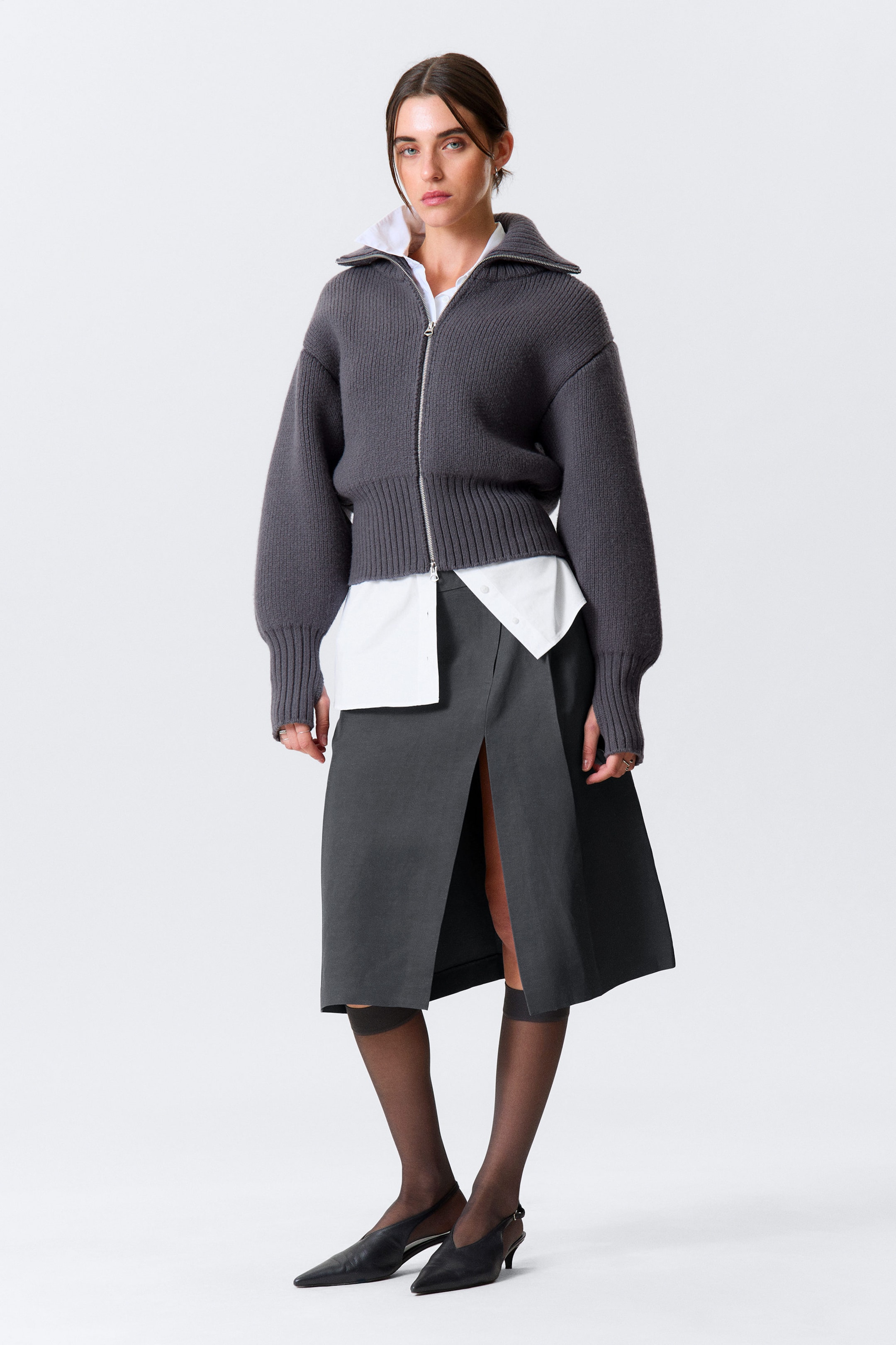 Dark Grey - Fitted Turtleneck Wool Sweater - 1