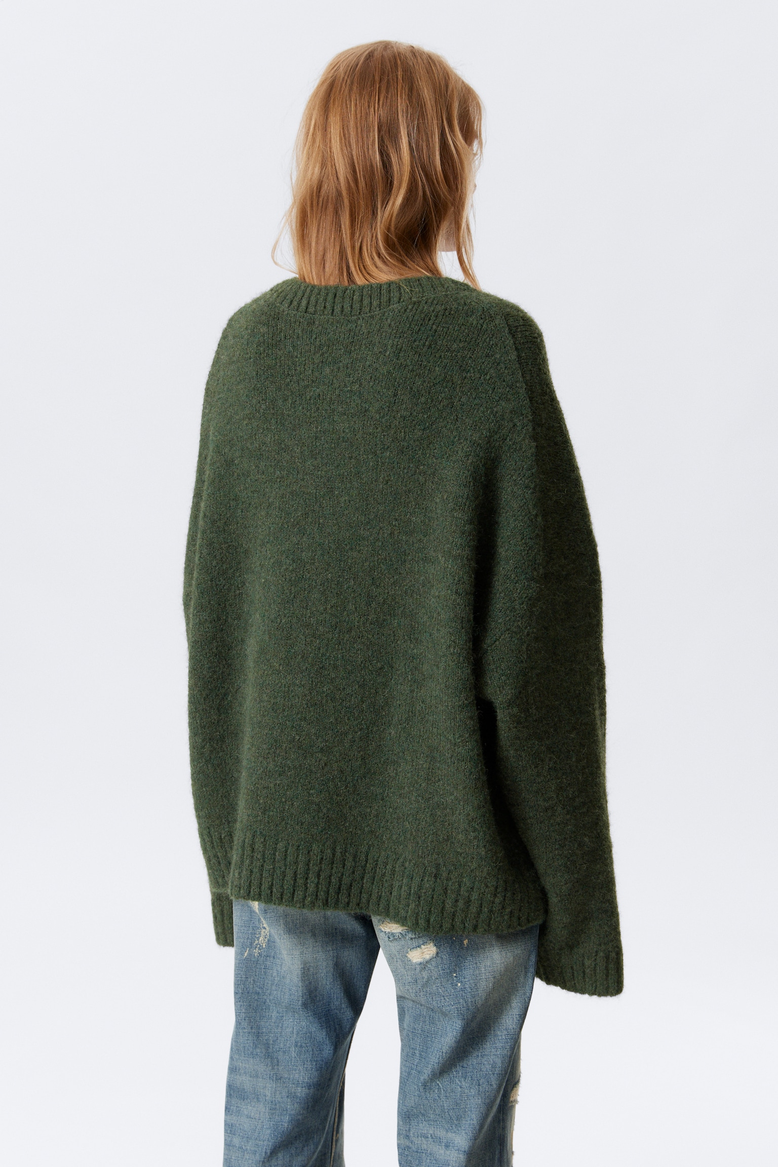 Oversized V-Neck Wool Blend Sweater - Dark Green/Black - 5