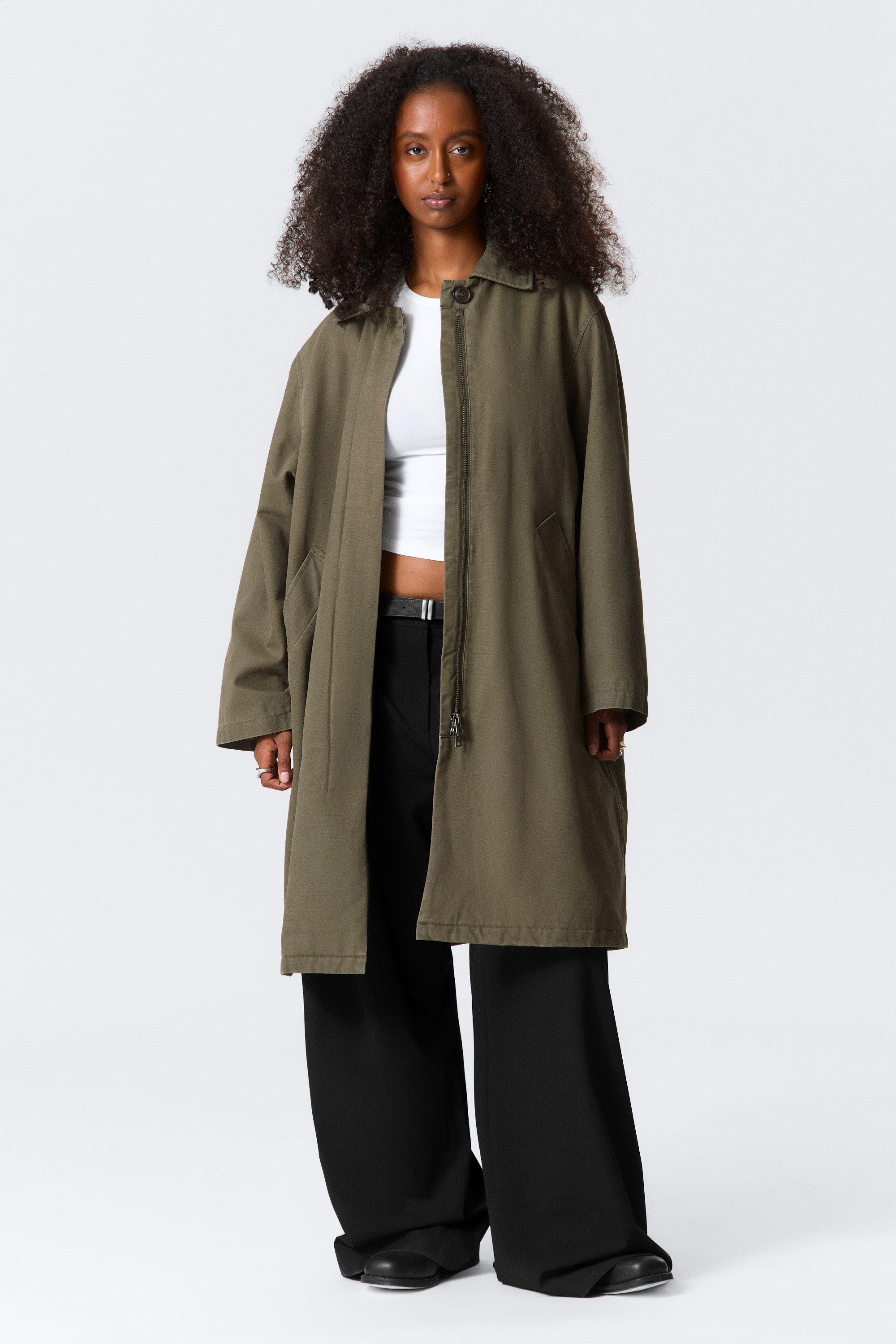 Dark Khaki Green - Loose Fit Canvas Car Coat - 2