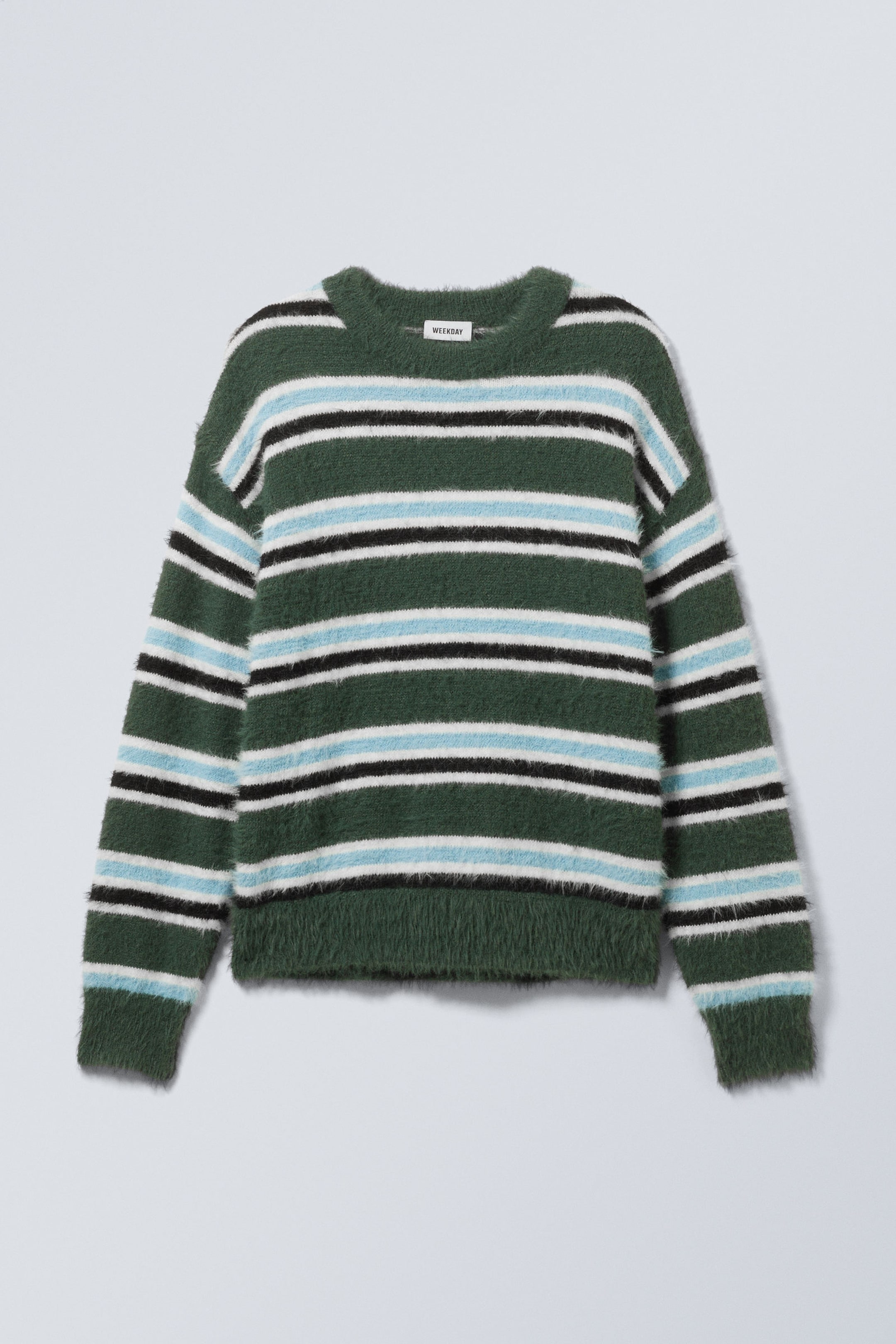 Dark Green Stripe - Relaxed Knitted Striped Hairy Sweater - 0