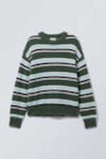 Dark Green Stripe - Relaxed Knitted Striped Hairy Sweater - 0