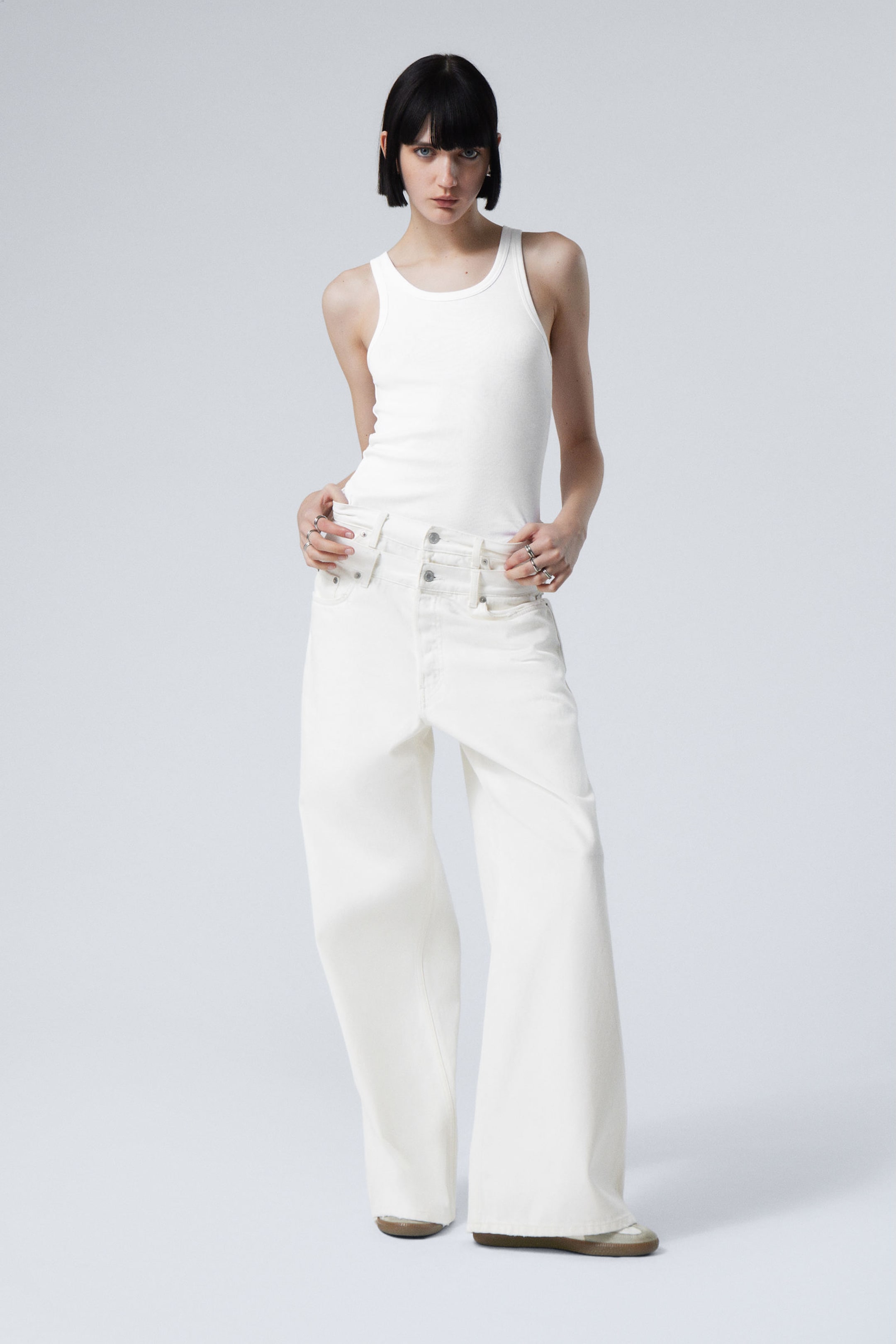 #FFFFFF - Dual High Waisted Loose Wide Leg Jeans - 1