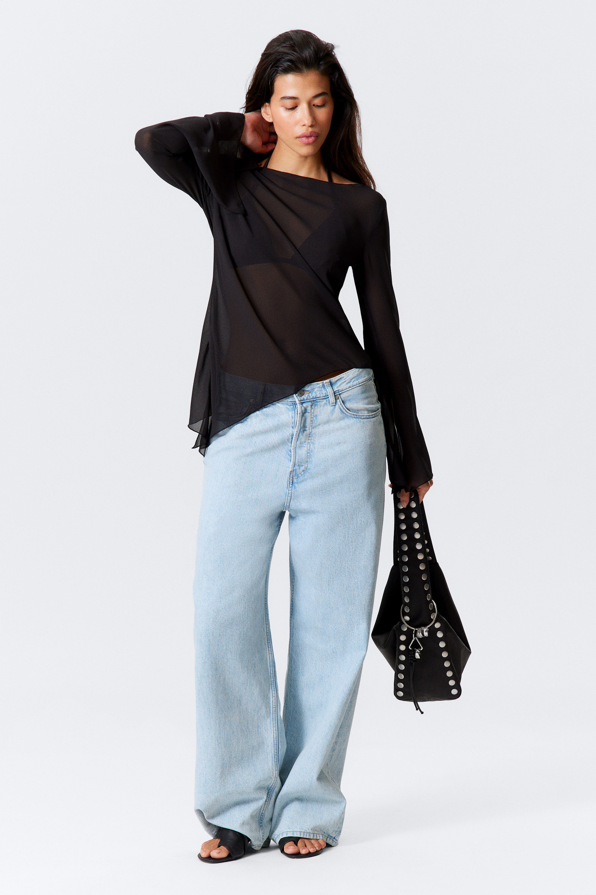 Black - Sheer Asymmetric Long-Sleeved Blouse - 2