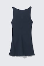 Dark Blue - Sheer Sleeveless Boat-Neck Mini Dress - 0